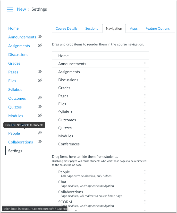 View of Course Navigation Menu and the Navigation tab with disabled links