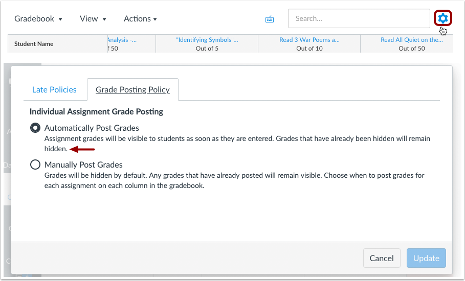 New Gradebook Settings Menu Wording Clarification for Automatically Post Grades Option