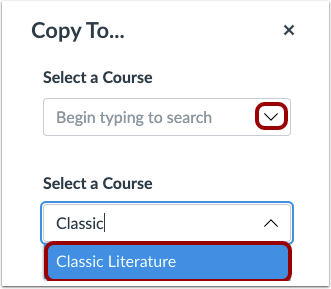 Copy To window with course name selected