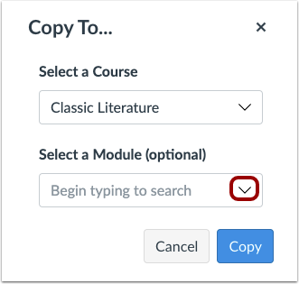 Copy To window with selected course and Module window
