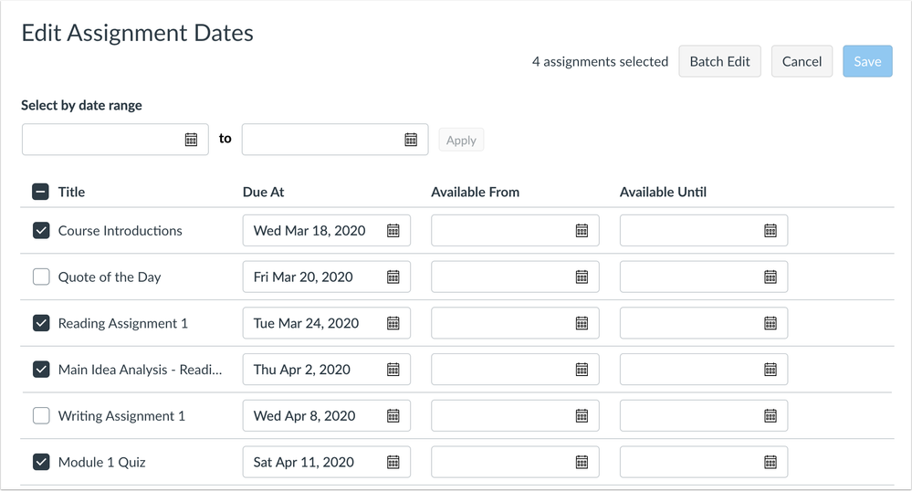 Multiple assignment dates selected Multiple assignment dates selected