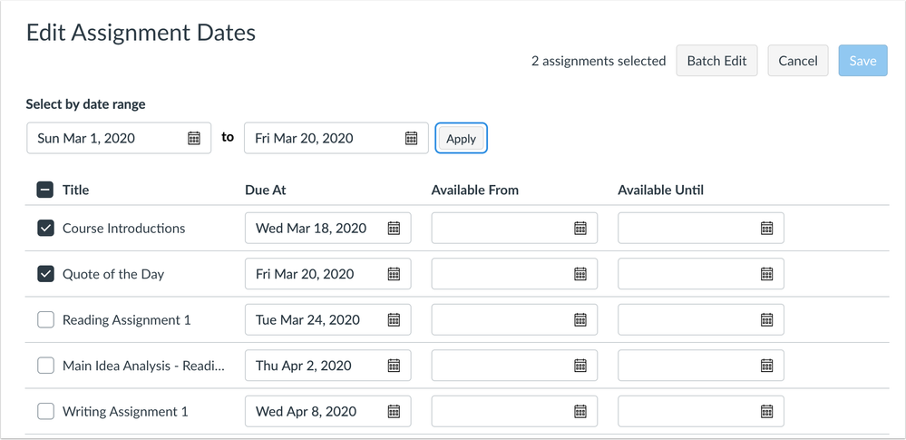 Edit Assignment Date Range Edit Assignment Date Range