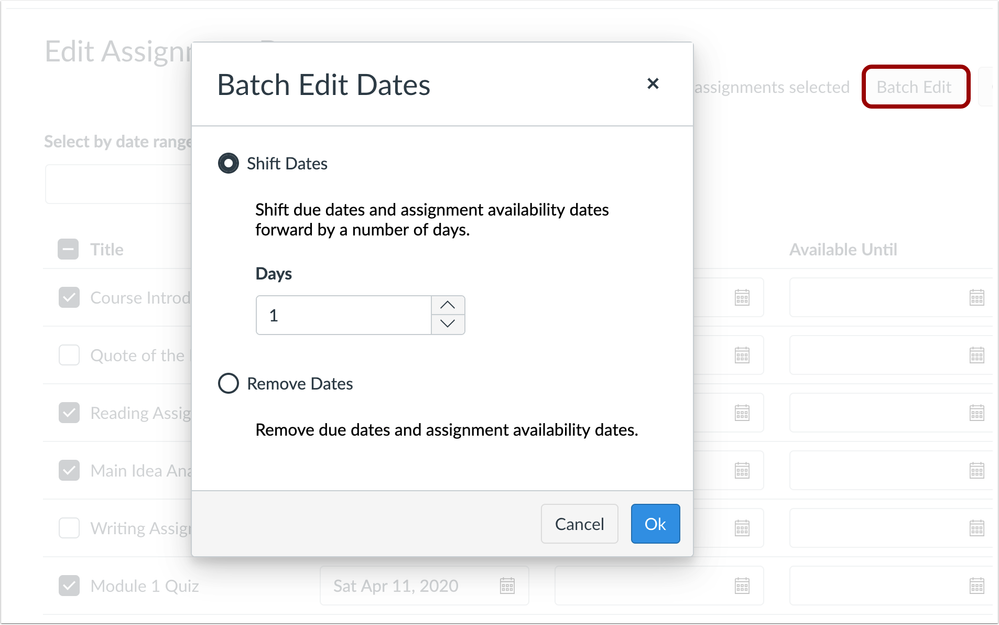 Batch Edit Dates window Batch Edit Dates window