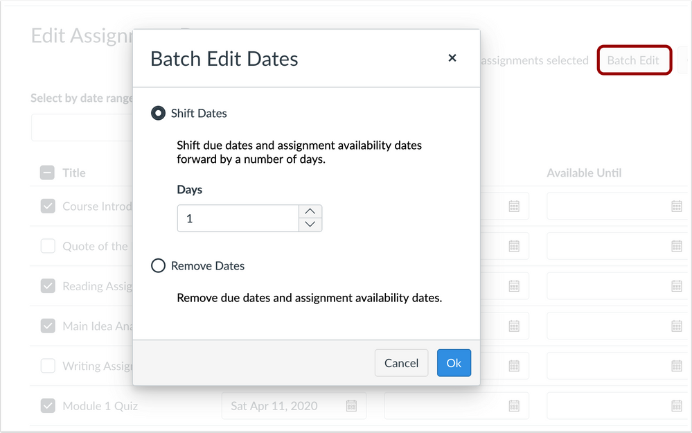 Batch Edit Dates window