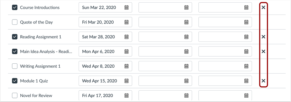 Edit Assignment Dates page with Remove Icons Edit Assignment Dates page with Remove Icons