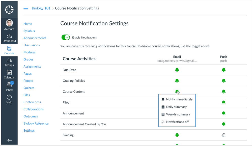 Course Notification Settings Page Course Notification Settings Page