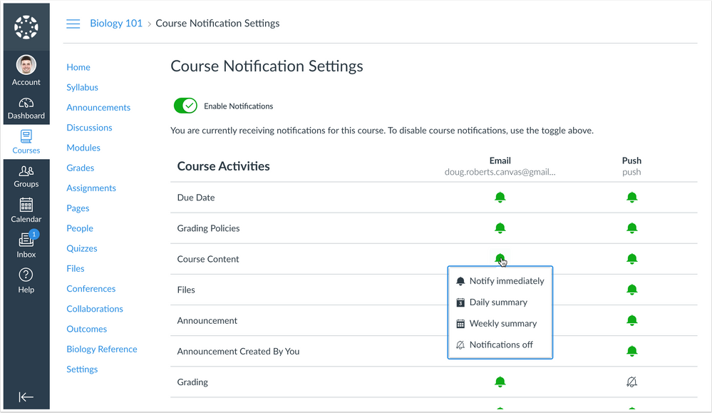 Course Notification Settings Page