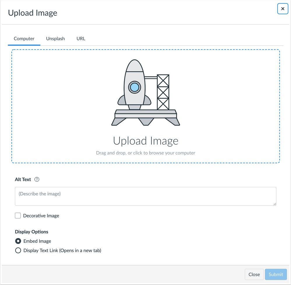 Upload Image window and accessibility options