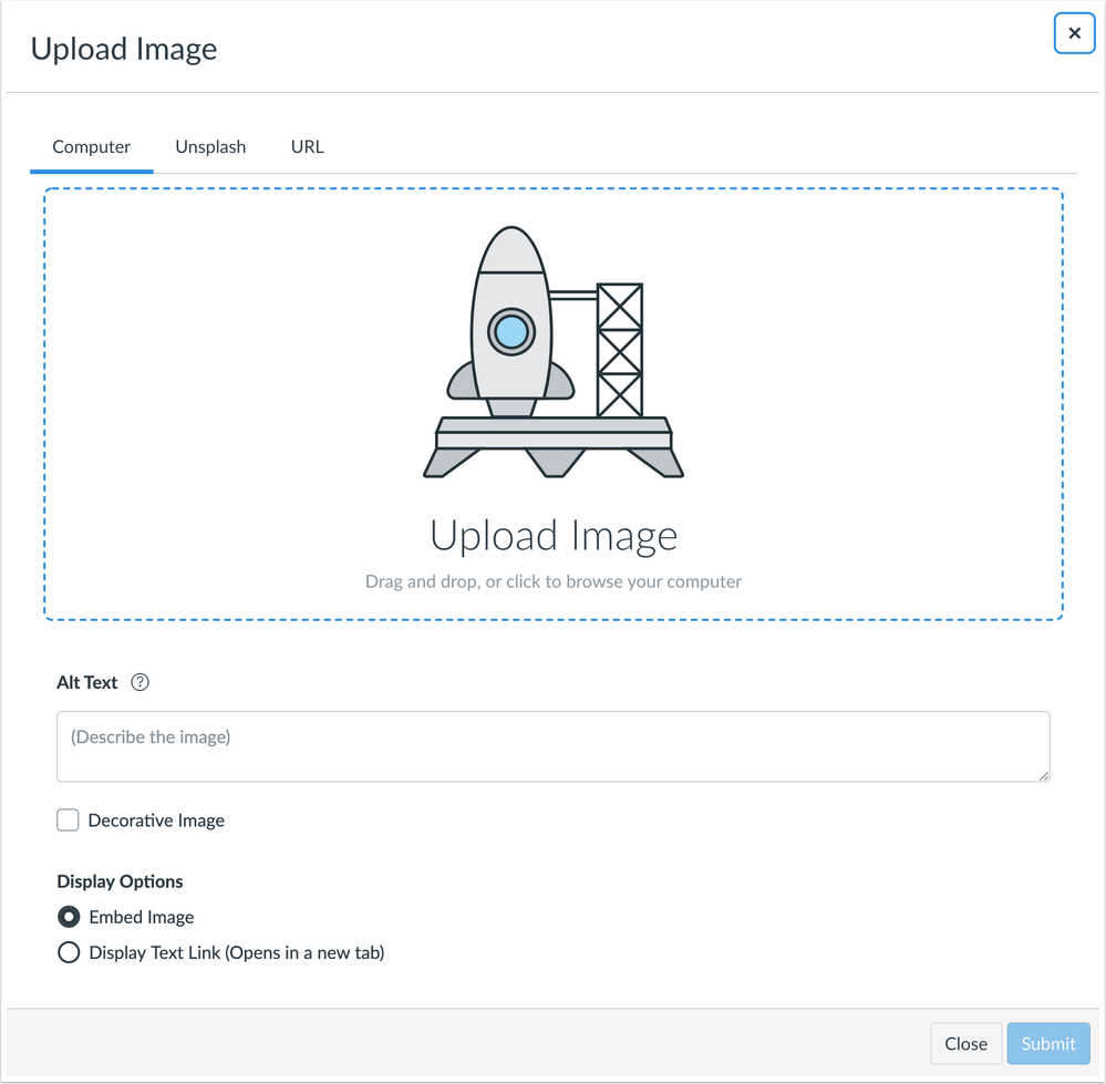 Upload Image window and accessibility options Upload Image window and accessibility options
