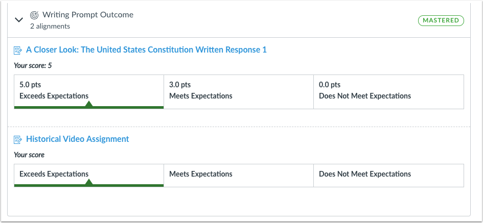 Student Learning Mastery Gradebook Expanded Outcomes Group