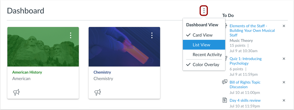 Dashboard Menu includes the List View option