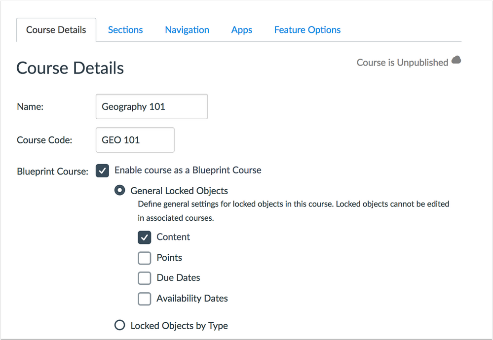Blueprint Course Details page general settings option