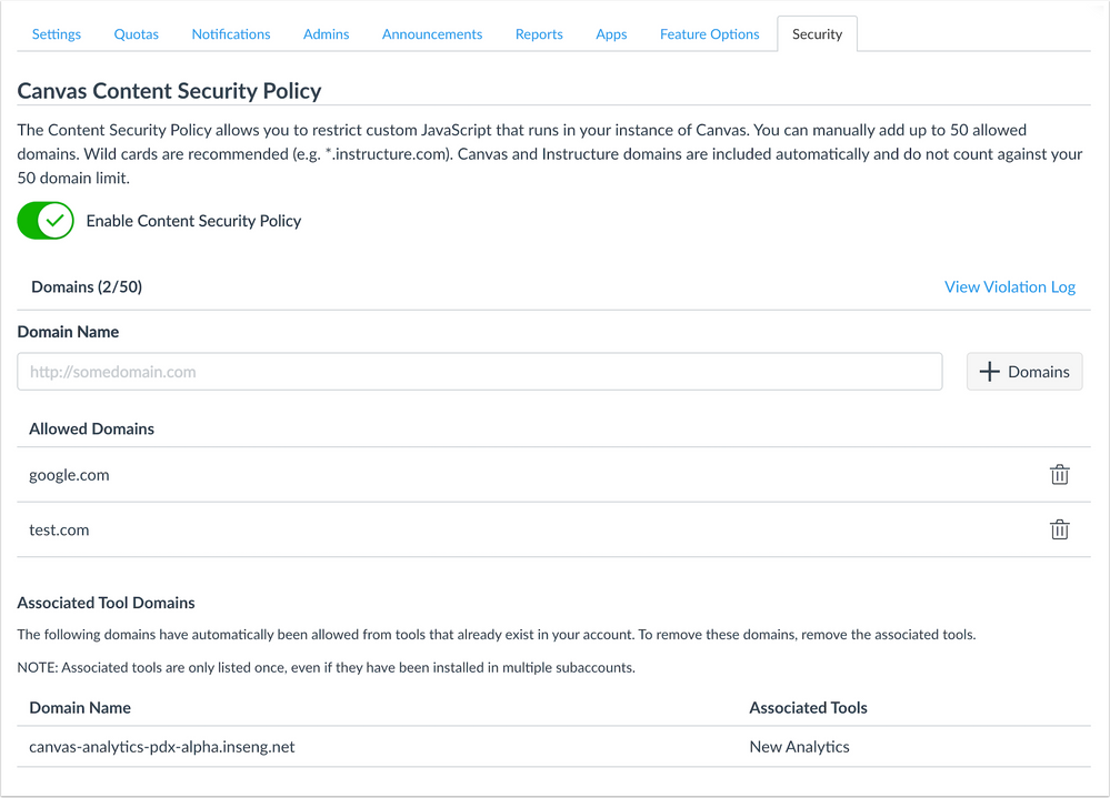 Content Security Policy Account Page
