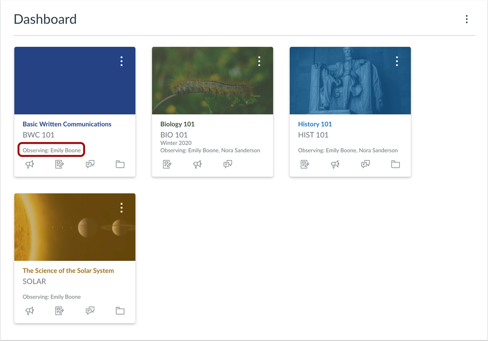 Dashboard Card View displaying names of observed students Dashboard Card View displaying names of observed students