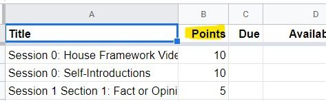 Points in the spreadsheet to adjust the dates