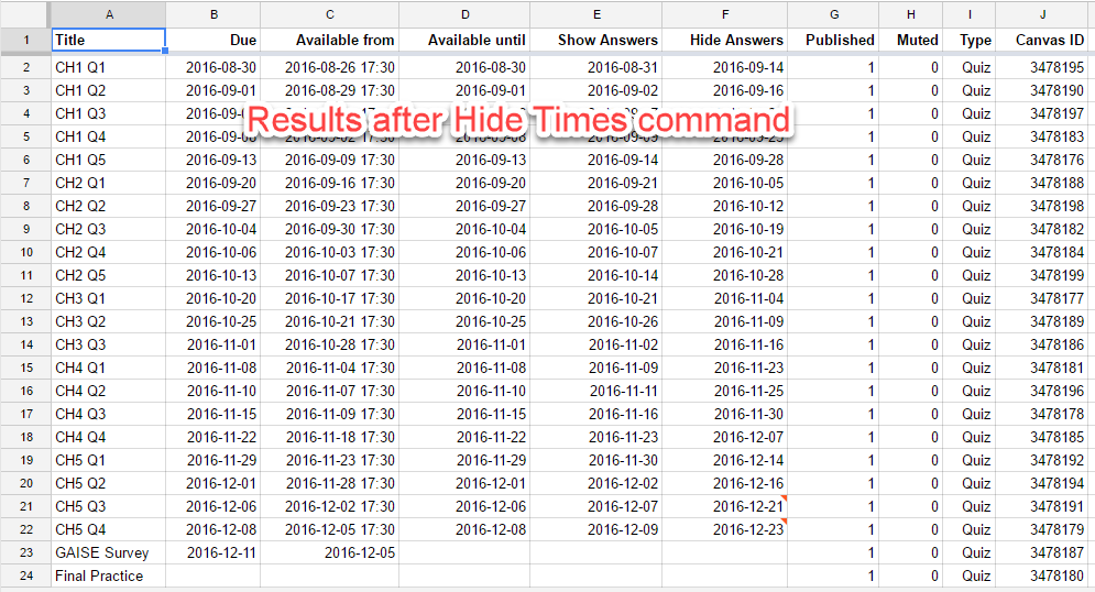 Spreadsheet Hide Times Command
