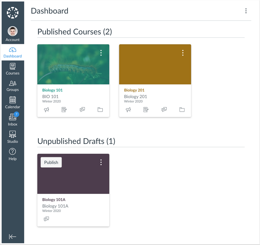 Dashboard showing unpublished courses