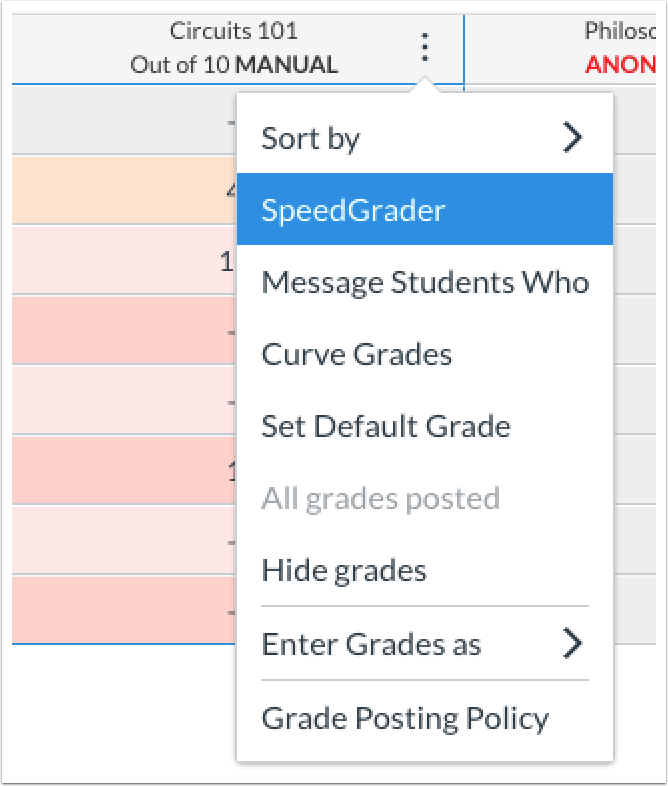 SpeedGrader link in gradebook assignments menu SpeedGrader link in gradebook assignments menu
