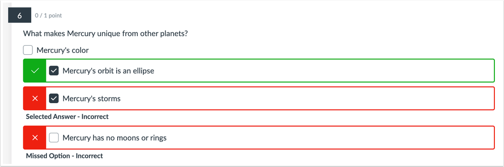 Student quiz results showing missed options Student quiz results showing missed options