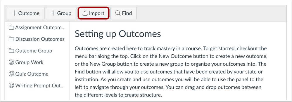 Outcomes page Import button