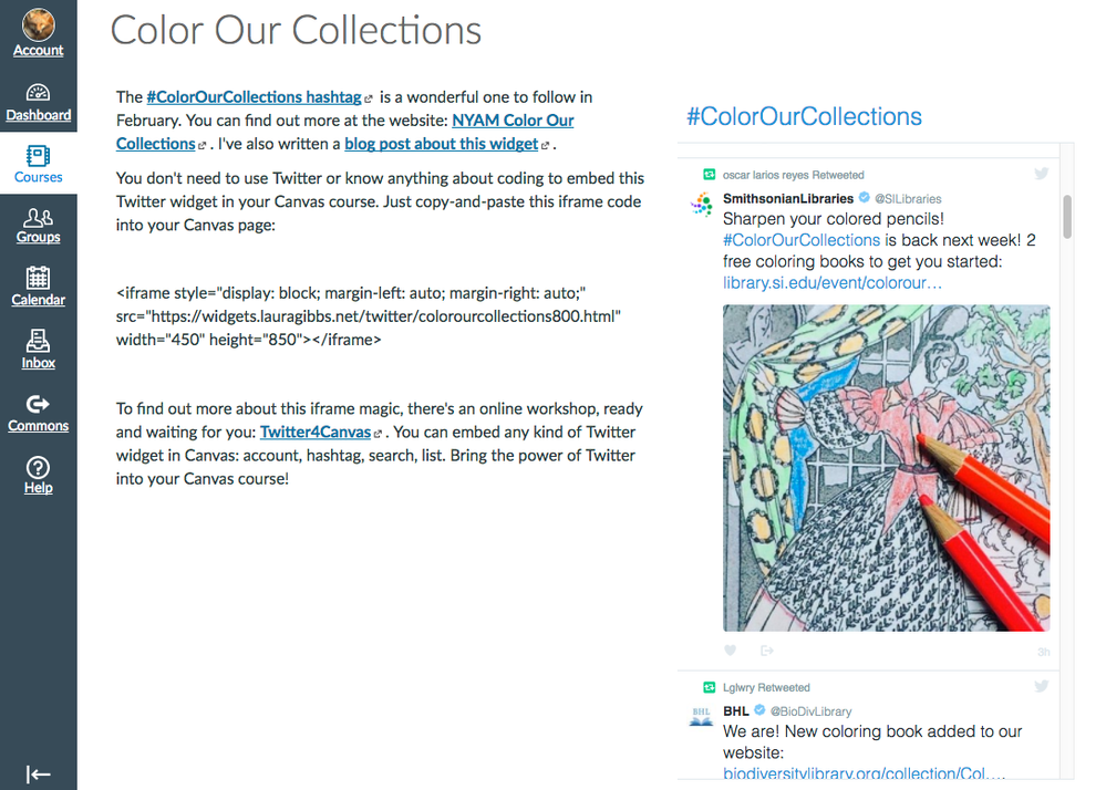 Twitter widget screenshot inside Canvas page