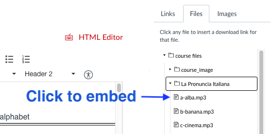 embed an audio by clicking the file name in the sidebar