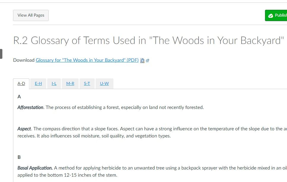 Screenshot of Glossary tabs