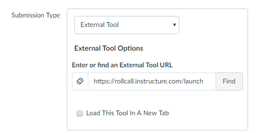 This image shows what your settings should look like in your roll call attendance assignment.  In submission type, select external tools and then roll call.