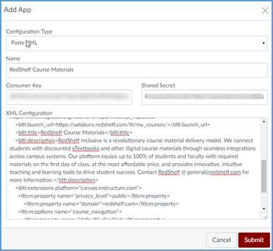 RedShelf LTI tool settings using the paste xml option