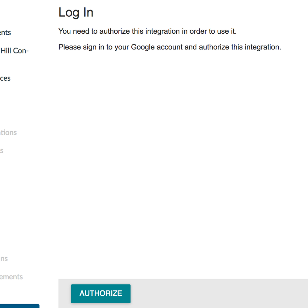 Google LTI Auth screen, with Authorize button at bottom of browser window