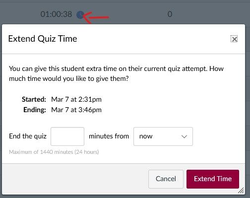 Screenshot of the Extend Quiz Time dialog in the Canvas Moderate Quiz view. The clock icon to click to bring up the dialog for an individual student is pointed out with an arrow.