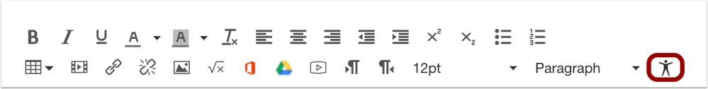 Rich Text Editor toolbar with Accessibility Checker icon highlighted. 
