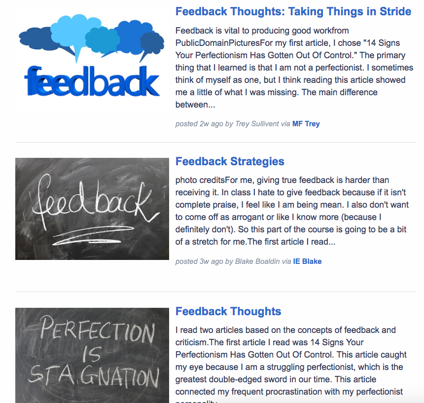 screenshot of feedback blog posts