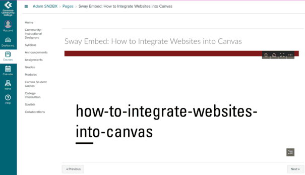 Gif screencast of microsoft sway embedded into a Canvas page