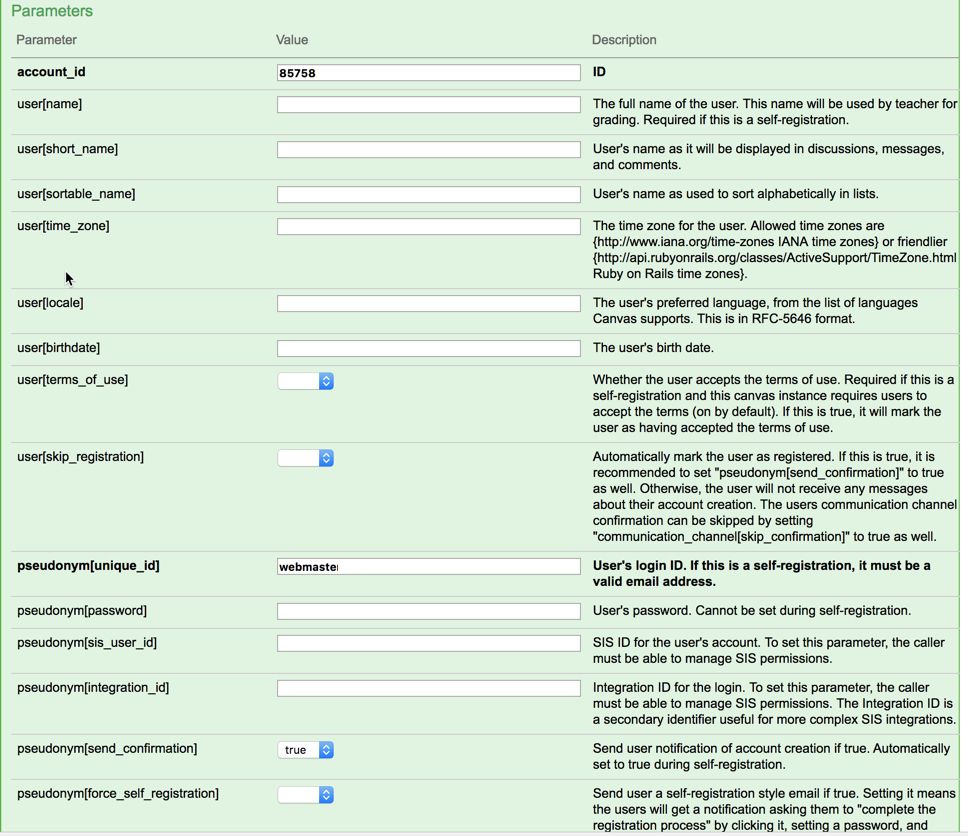 Canvas Live API showing the calls used to create an account