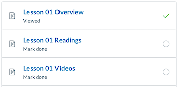 Module checklist showing check-marks