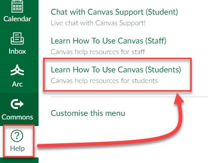 Accessing the Learn How To Use Canvas Module via the Help Menu screen shot Accessing the Learn How To Use Canvas Module via the Help Menu screen shot
