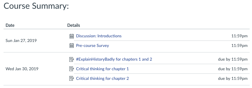 Course Summary with calendar events and assignments