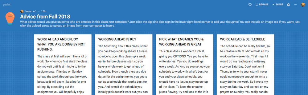 screenshot of padlet with student advice
