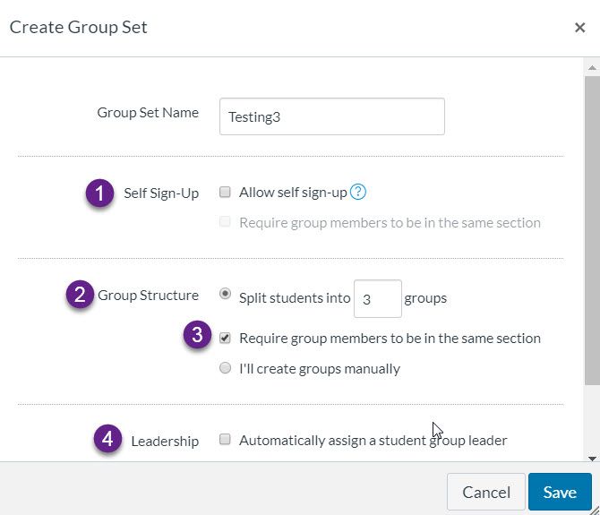 Screenshot for creating groups by section