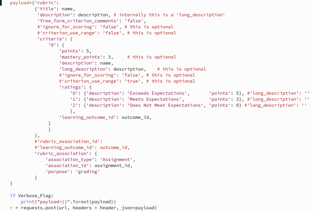 Picture of code to insert a rubric with outcome_id