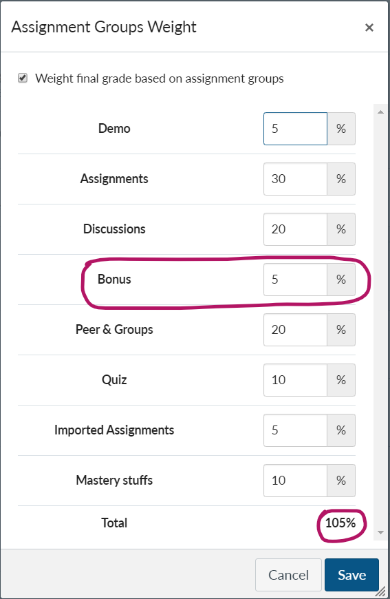 Assignment groups weight with a bonus category