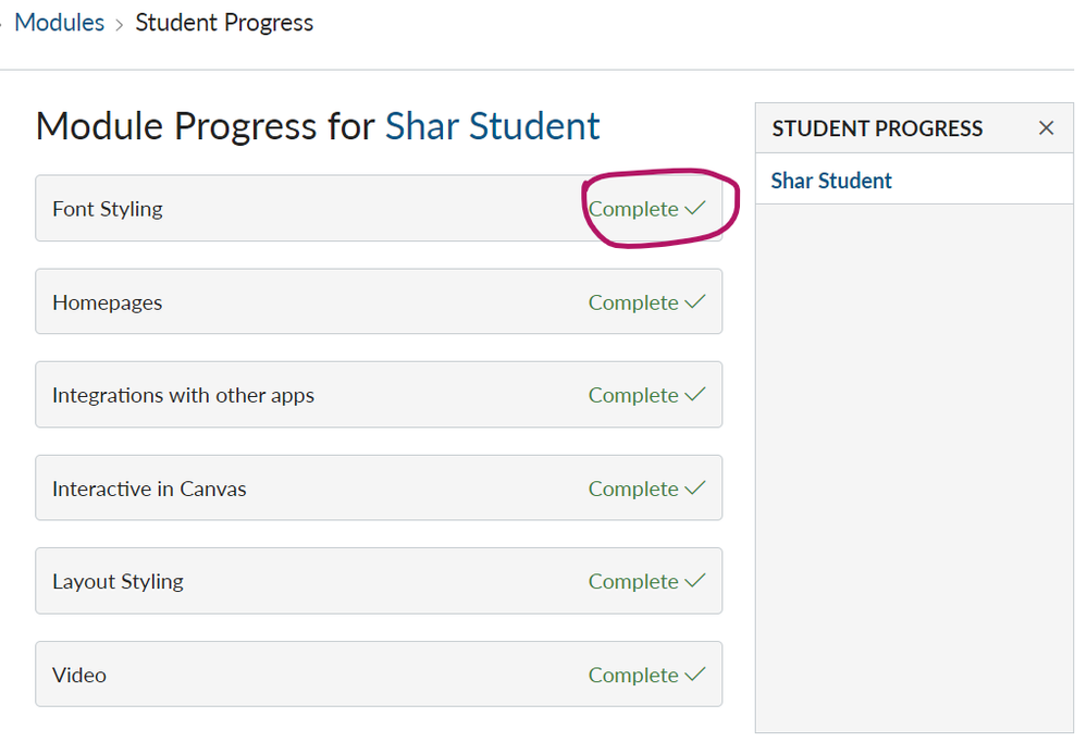 Modules showing as complete for a student