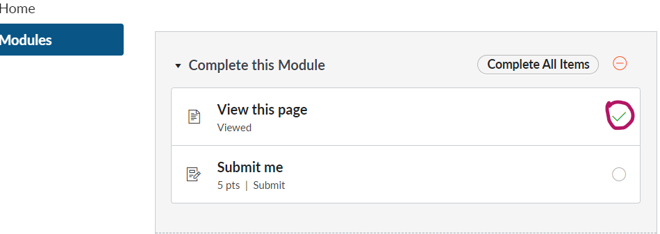 Student view module progress showing completed item with checkmark Student view module progress showing completed item with checkmark