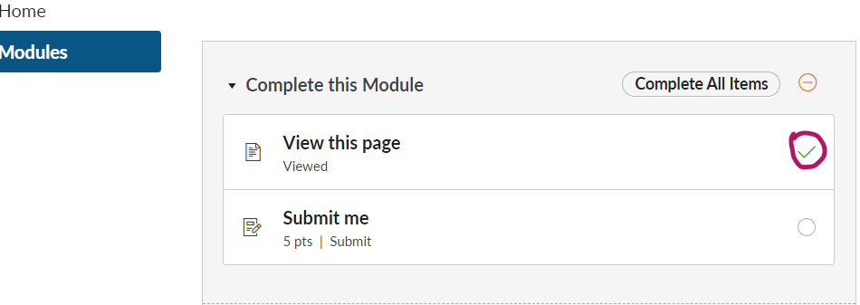 Student view module progress showing completed item with checkmark