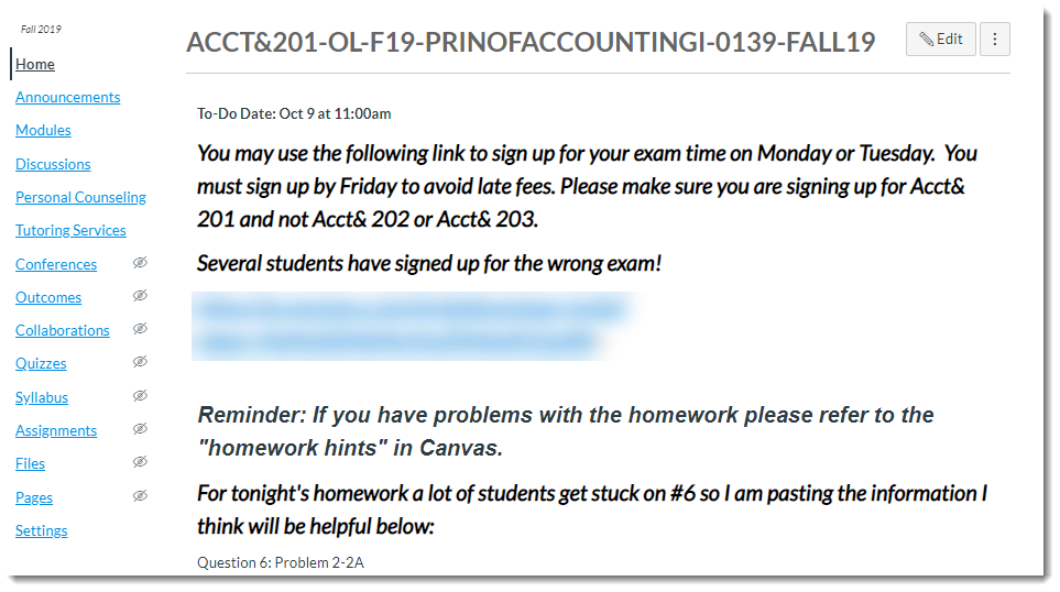 Accounting course menu