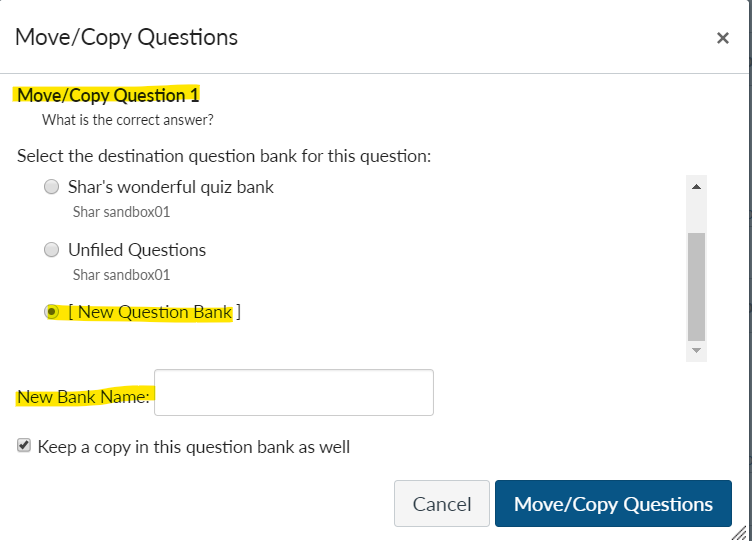 Dialog box to move or copy question into a new bank.