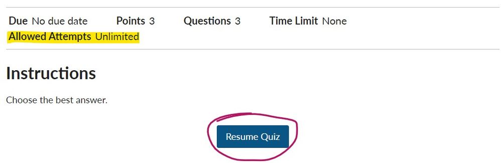 resume quiz screen