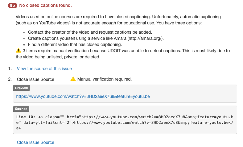 Screenshot of UDOIT showing a video with the &quot;Manual verification required&quot; message.