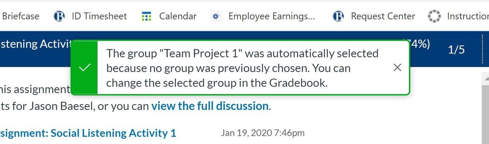 Error message_ &quot;The group [group name] was automatically selected because no group was previously chosen. You can change the selected group in the Gradebook.&quot; 